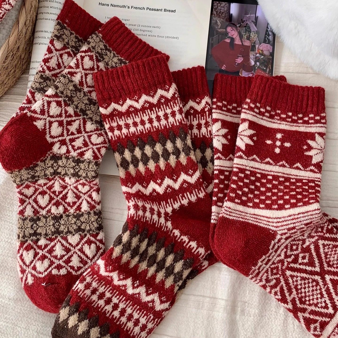 红色本命年费尔岛复古羊毛袜子圣诞袜女士冬季新款加厚保暖中筒袜,淘宝优惠券,粉丝福利购,淘宝优惠卷