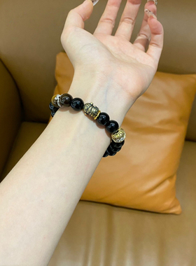 天然黑曜石虎眼石手链男女黑金超悟空同款手串招财转运她屿