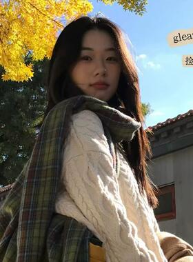 绿色格子流苏围巾女款冬季2026新款韩系高级感氛围感披肩保暖围脖