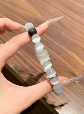 520情人节礼物天然银曜石黑曜石猫眼石白水晶醒狮情侣手链