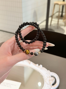 天然黑曜石搭配虎眼石双圈手串男女生时尚水晶手链文玩串她屿