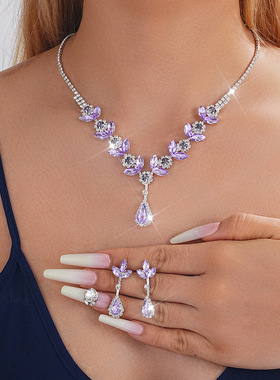 欧美镶钻花朵项链耳环套装2025新款新娘婚礼配饰晚礼服宴会首饰女