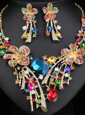 跨境货源民族风花朵夸张项链耳环套装首饰新娘配饰合金礼服配饰