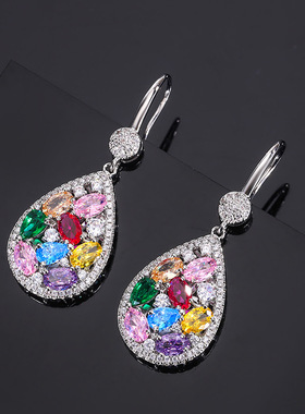 华优美首饰套装彩虹水滴宝石项链女欧美彩色碧玺耳环跨境锆石戒指