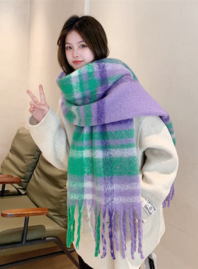 绿色欧美秋冬新款加厚保暖圈圈纱彩色格子围巾女流苏大披肩围巾
