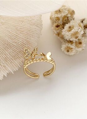 素圈蝴蝶戒指套装组合女简约冷淡风开口可调节食指戒时尚个性