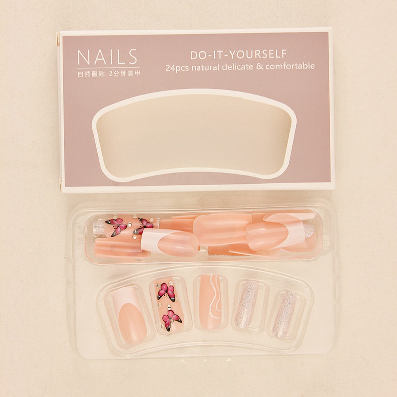 外贸穿戴甲中长款粉色蝴蝶闪粉美甲甲片成品假指甲贴片,淘宝优惠券,粉丝福利购,淘宝优惠卷