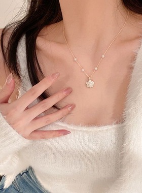 初恋山茶花朵项链女复古珍珠锁骨链小众饰品高颜值