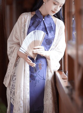 白色镂空流苏旗袍披肩女外搭2025新款春夏季薄款蕾丝披风斗篷开衫