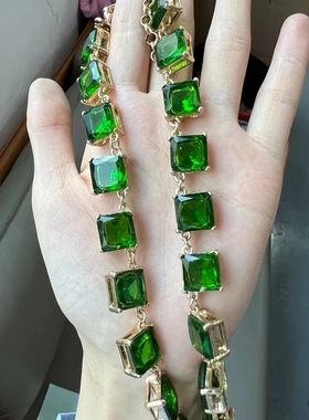 中古Vintage 祖母绿色爪镶莱茵石项链 现货有标