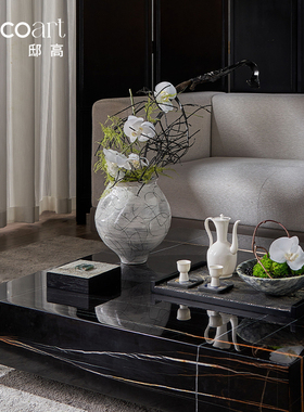 邸高家居 新中式茶几样板间摆件手工陶瓷花器乌金石奢石杯垫托盘