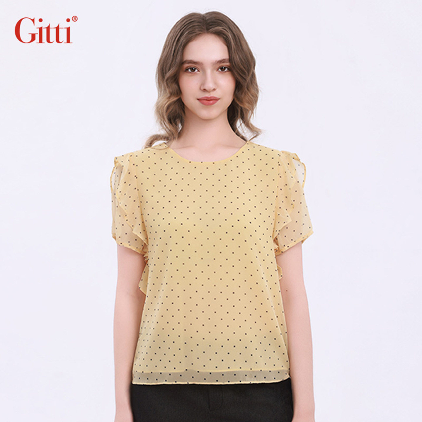 Gitti/吉蒂甜美假两件拼接波点印花荷叶边雪纺衫女圆领G261172,淘宝优惠券,粉丝福利购,淘宝优惠卷