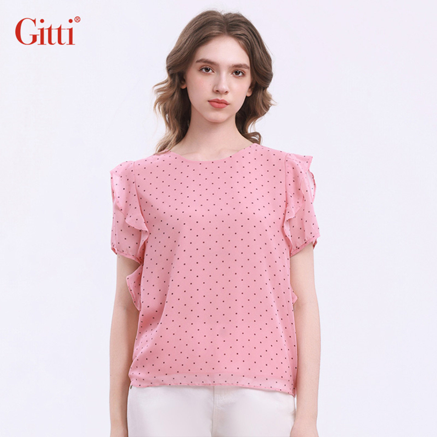 Gitti/吉蒂甜美假两件拼接波点印花荷叶边雪纺衫女圆领G261172,淘宝优惠券,粉丝福利购,淘宝优惠卷