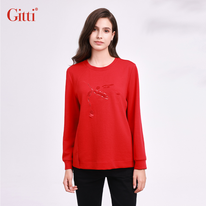 Gitti/吉蒂秋宽松大码刺绣卫衣女棉莫尔尔圆领厚长袖上衣G245683