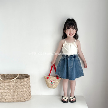 Little Apple 2024 Summer Korean Version Girls Baby Versatile Cute Flower Bud Denim Skirt Children's Fashionable Skirt