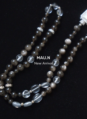 MauN法式小众优雅秋冬长款毛衣链歌剧链天然石白月光黑银串珠项链