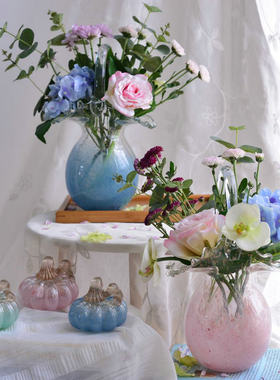 少女粉蓝提篮子渐变花瓶北欧简约晶莹南瓜装饰摆件拍照道具插花器