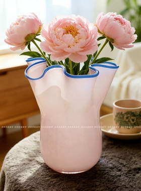 蓝边冰粉大白菜宽口花瓶套盆摆件