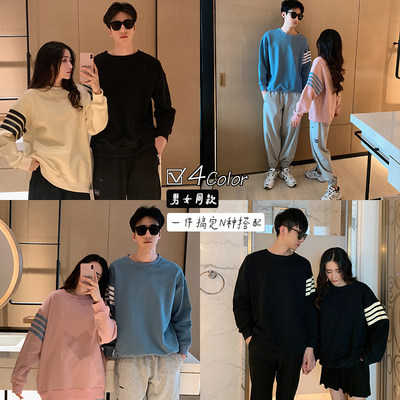 阿姐家大麦21秋季新款自制情侣装百搭纯色经典四条杠百搭卫衣 虎窝淘