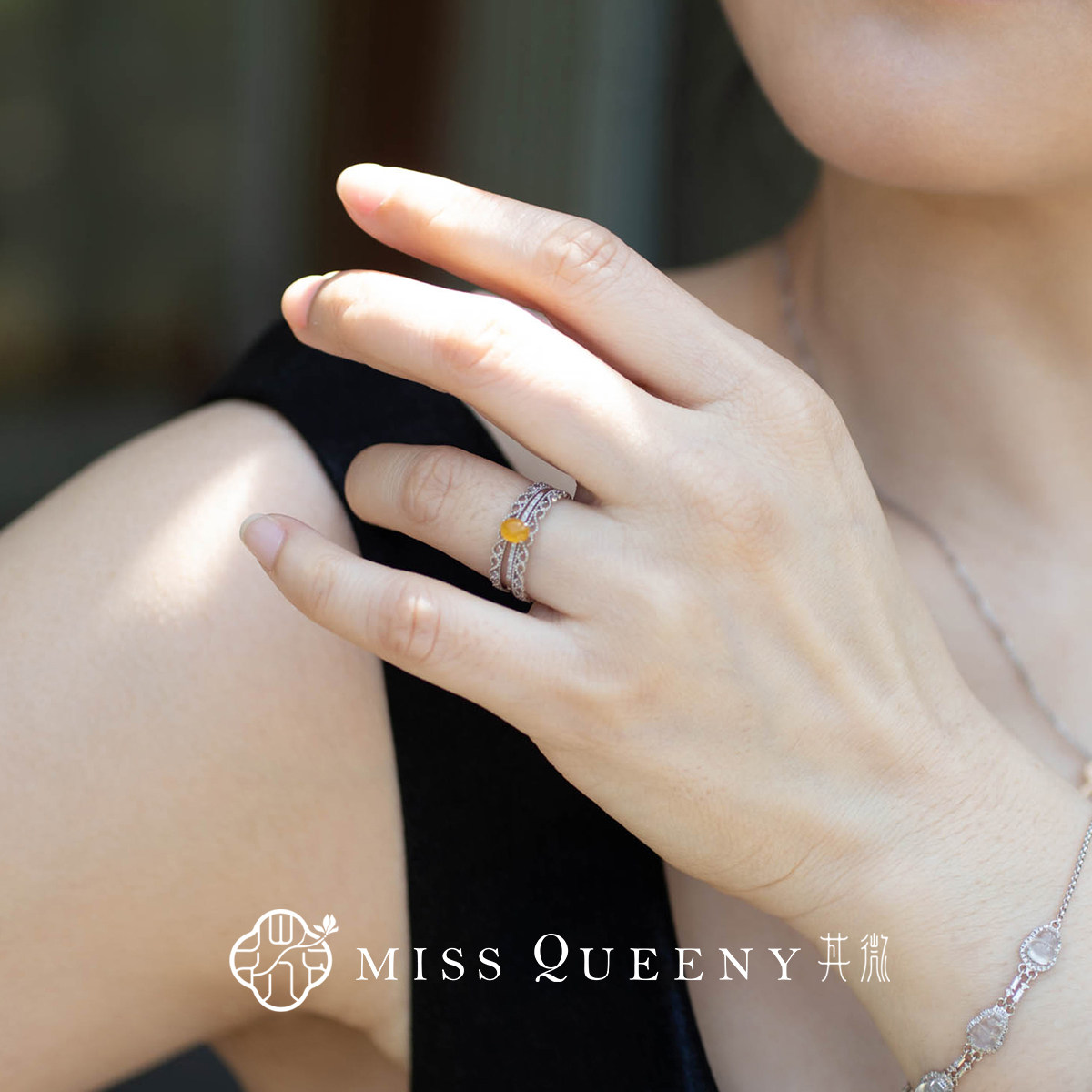 MissQueeny | 18k white gold stacked jade lace ring can be detached, exquisite and versatile, light luxury niche