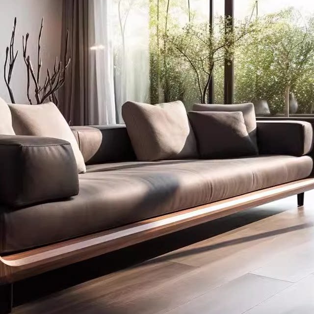 Three or four-seater straight-row sofa, small apartment office club, high-end mid-century style black walnut solid wood sofa
