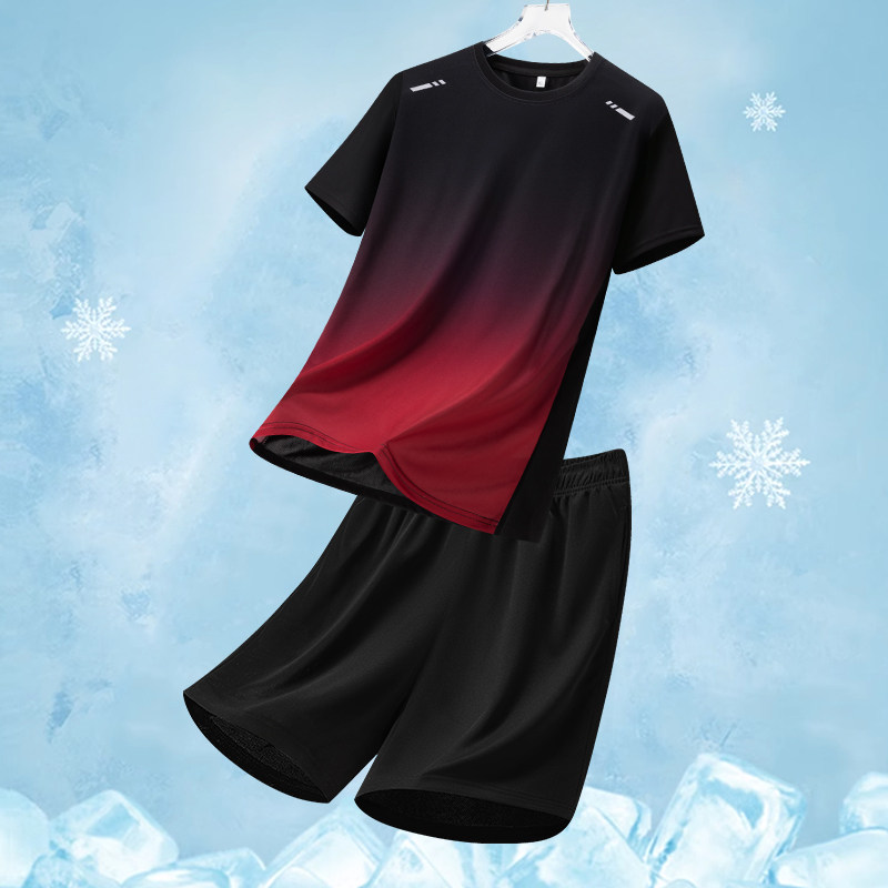 宾杰【厂家直销】新款速干渐变迷彩印花冰丝运动短袖短裤套装圆领,淘宝优惠券,粉丝福利购,淘宝优惠卷