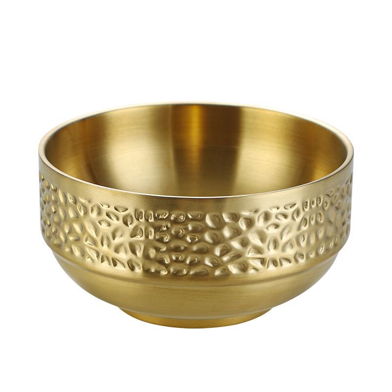 创意锤纹304不锈钢碗双层隔热儿童吃饭碗家用汤碗商用金色甜品碗