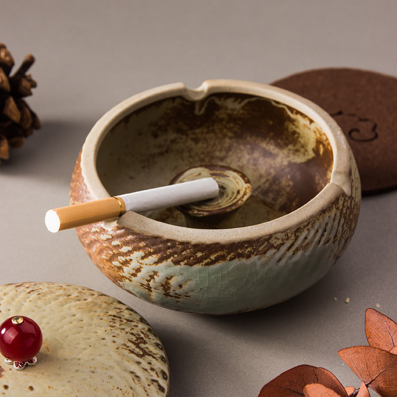 粗陶复古烟灰缸创意家用客厅防飞灰烟缸办公室茶几桌面摆件_虎窝淘