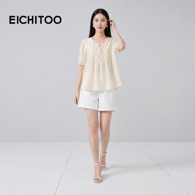 Aijutu acetate round neck lace-up textured shirt 2026 summer new style glossy temperament chiffon shirt