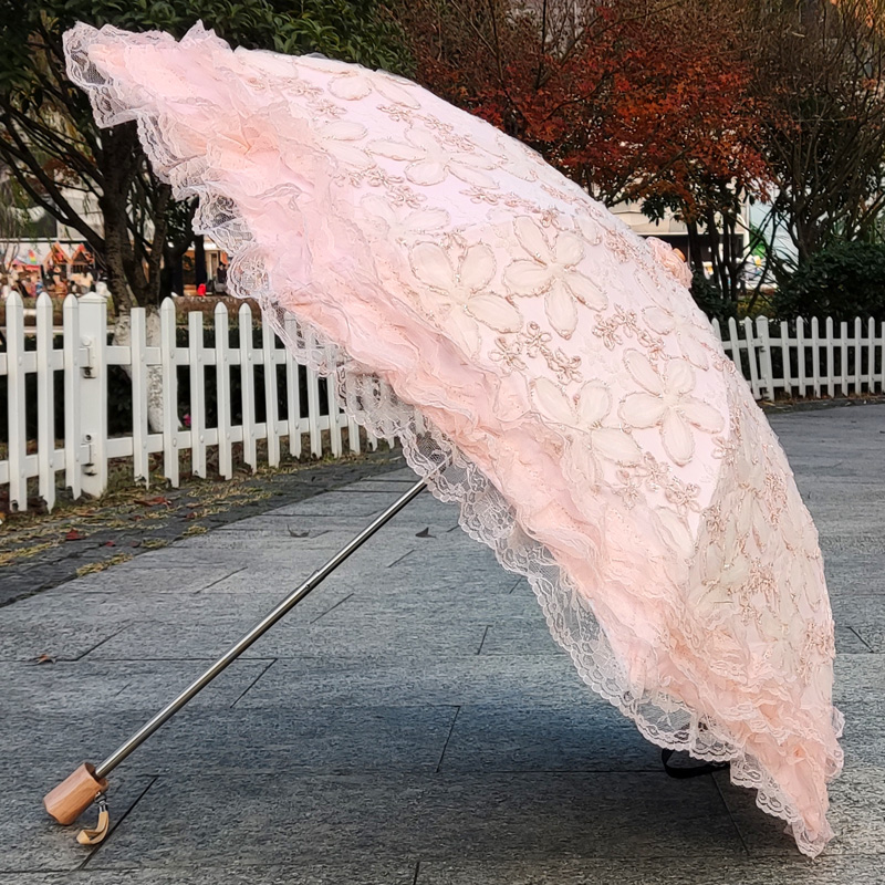 太阳伞粉色亮片盘花双层防晒防紫外线黑胶折叠晴雨伞高档女神洋伞 - 图1