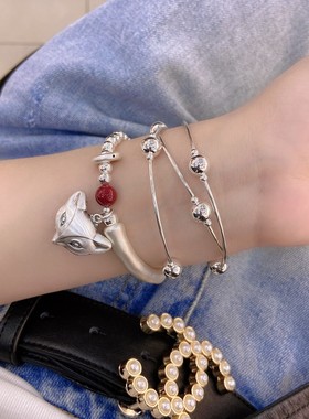 纯银弯管大小珠三圈手链多层时尚女闺蜜生日礼物佩戴叠加