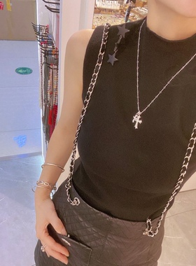 纯银双十字架项链女小众设计简约冷淡银色镶钻双十字架项链女
