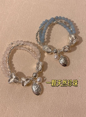 天然粉色水晶海蓝宝纯银不规则个性多层手串女手链重工礼物
