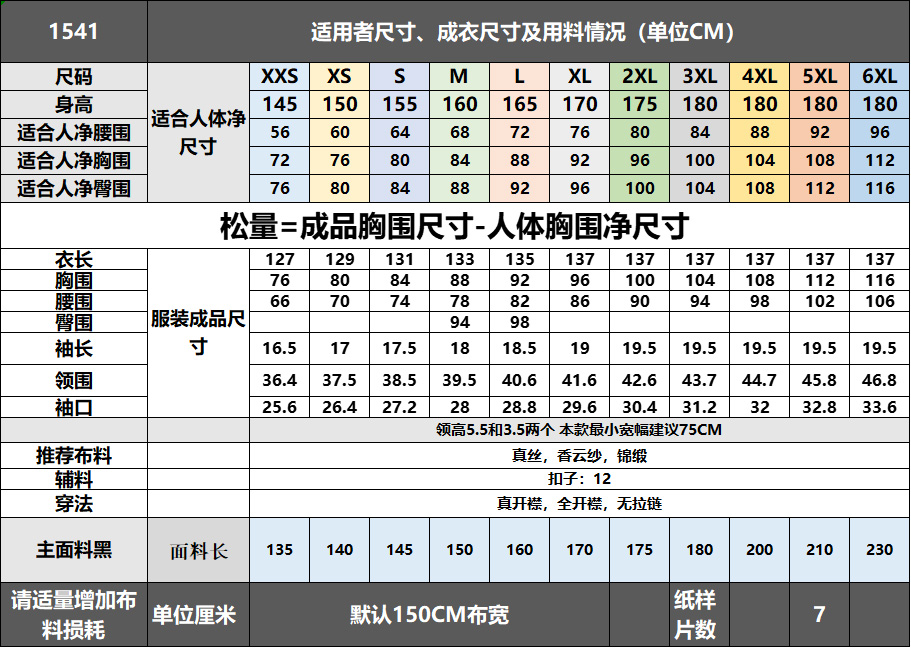 1541无省短袖传统经典双襟肩开缝旗袍纸样版裁剪图1比1纸板模型 - 图0