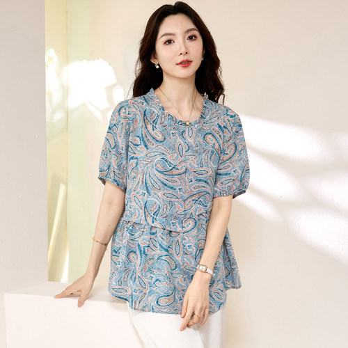 加肥加大码女装夏季200斤胖妹妹时尚显瘦天丝上衣胖mm宽松显瘦T恤 - 图0