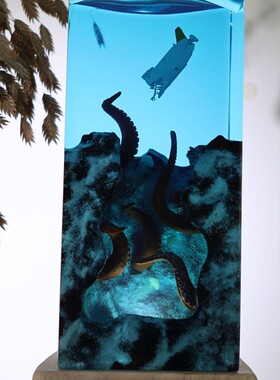 溶洞探险艇潜水员桌面摆件海洋艺术工艺品实木树脂灯生日礼物饰品