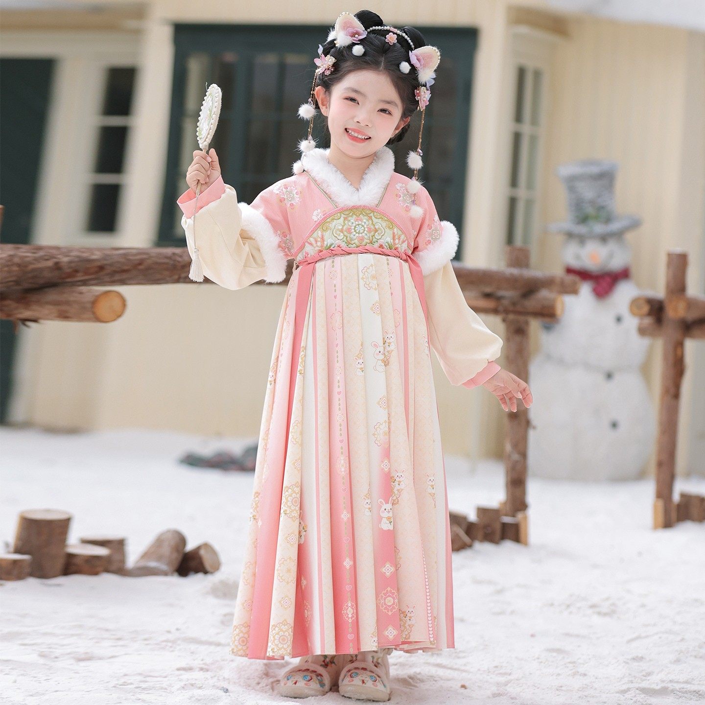 粉绒绒女童冬季加绒古装汉服儿童拜年服中国风新年加厚唐装连衣裙,淘宝优惠券,粉丝福利购,淘宝优惠卷