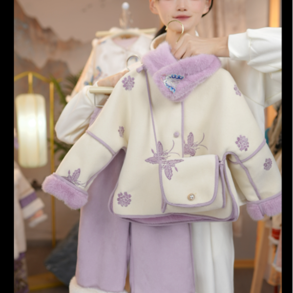紫蝶女童冬新中式两面穿绣花毛毛外套阔腿裤套装儿童加绒加厚汉服,淘宝优惠券,粉丝福利购,淘宝优惠卷