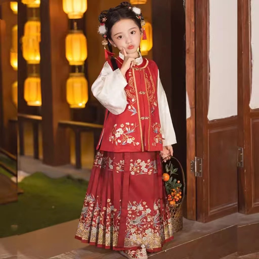 茉胭登鹊枝女童冬季新款中国风比甲马面裙套装古风汉服喜庆裙子红,淘宝优惠券,粉丝福利购,淘宝优惠卷
