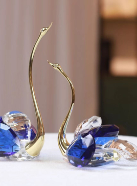 水晶天鹅装饰摆件家居客厅艺术品蓝色透明工艺品