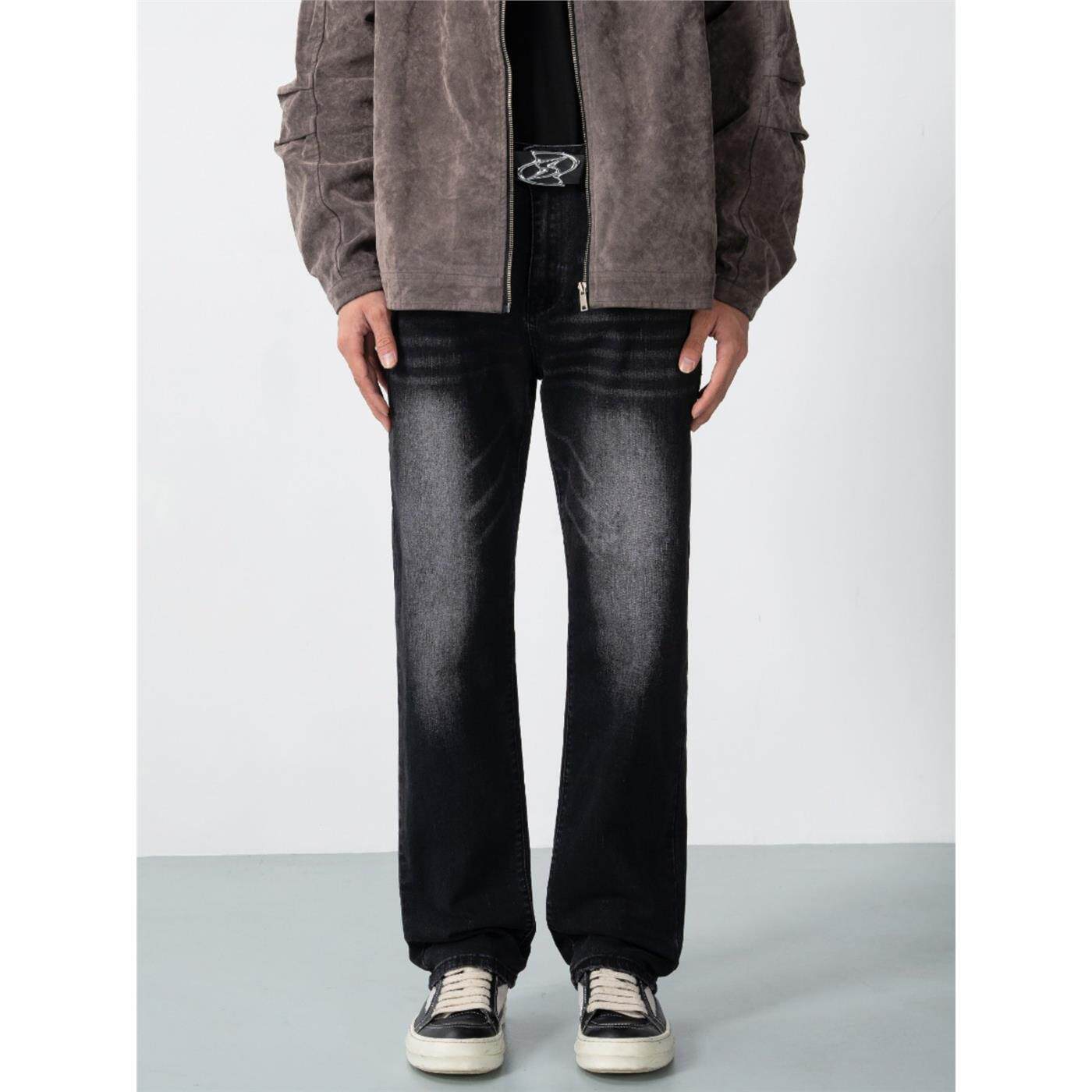 新因素水洗高街宽松直筒牛仔裤男美式做旧猫须基础百搭休闲长裤