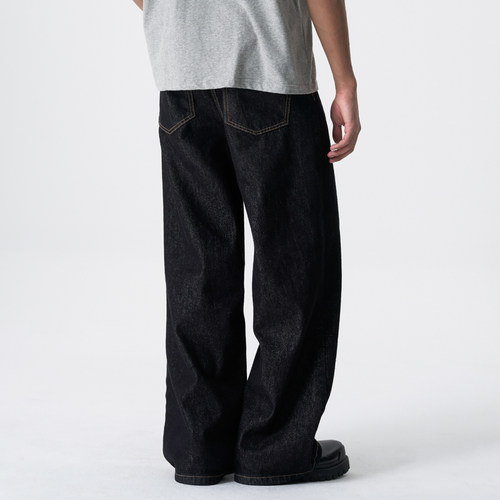 新因素美式cleanfit黑窄幅赤耳原牛覆古阔腿直筒A字宽松牛仔裤男 - 图1