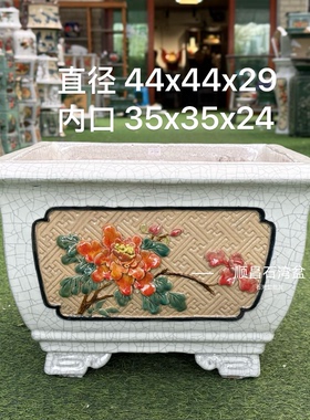 岭南石湾花盆四方盆手工贴花釉面陶瓷盆园林盆景盆栽居家摆设