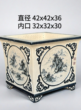 岭南石湾盆手工制作手绘青花山水四方花盆盆景盆绿植室内装饰包邮