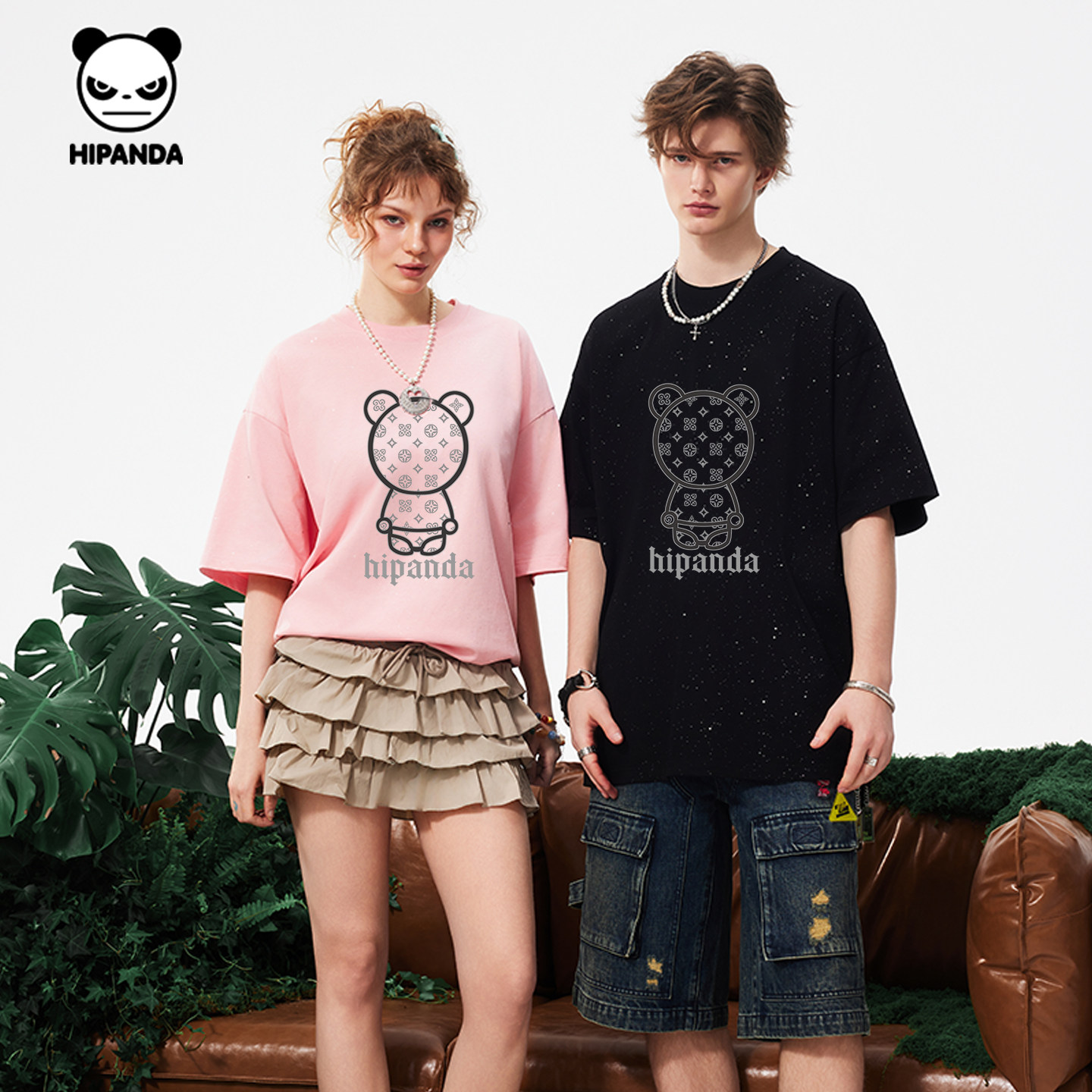 Hipanda你好熊猫满天星闪钻纯棉复古短袖T恤男女2026夏新款体恤,淘宝优惠券,粉丝福利购,淘宝优惠卷