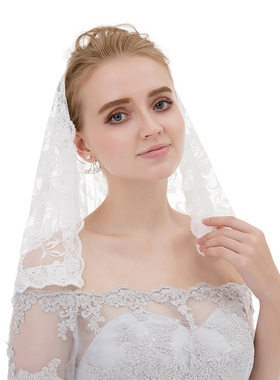 新娘白色蕾丝花边头纱短款婚纱头饰单层遮面纱女Church Veil T014