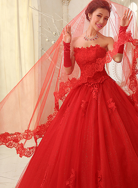 蕾丝花边1.5米红色婚纱头纱新款结婚礼服Veil Wedding Red T018