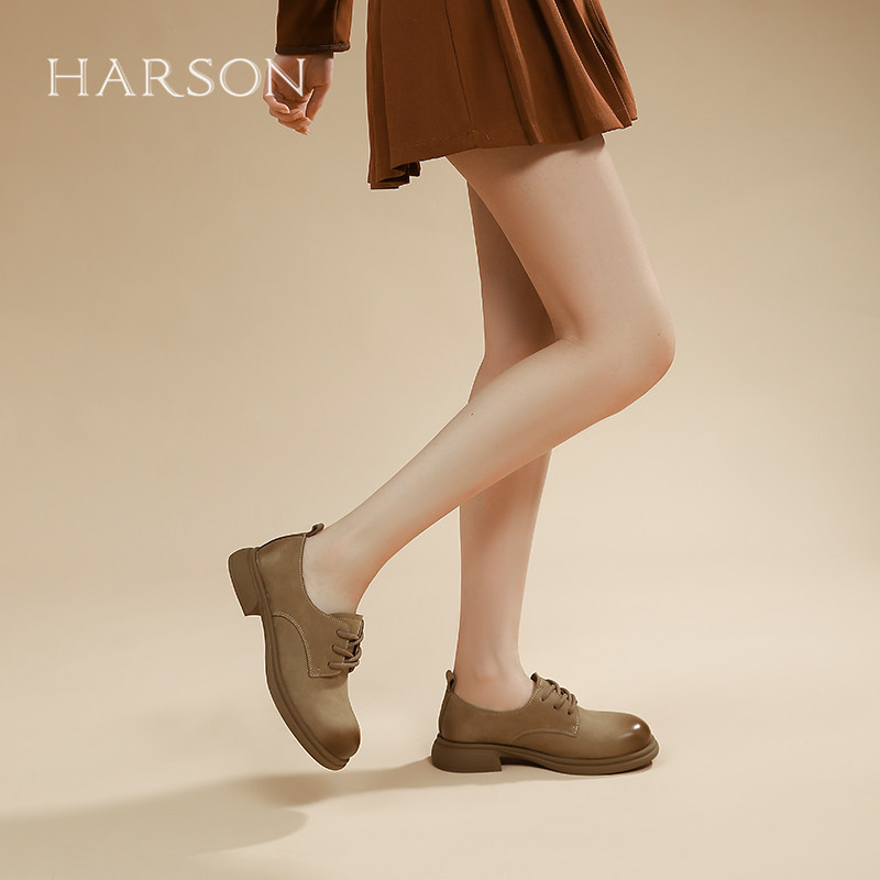 哈森英伦风休闲小皮鞋女2025春季新款粗跟系带深口单鞋HS252803,淘宝优惠券,粉丝福利购,淘宝优惠卷