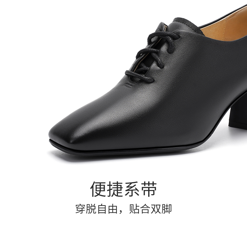 哈森法式深口单鞋春秋新款粗跟系带小皮鞋羊皮高跟鞋HWL240142 - 图2