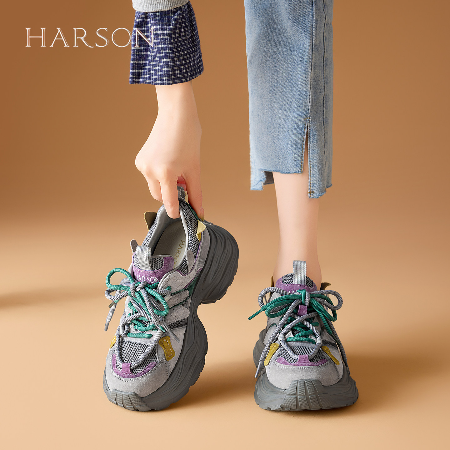 哈森增高6cm厚底增高复古老爹鞋女鞋子2025秋季新款休闲运动鞋,淘宝优惠券,粉丝福利购,淘宝优惠卷